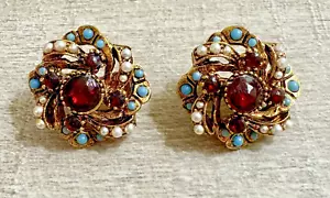 Vtg Unsigned ART Elegant Clip Earrings Faux Garnet Demi-Parure Sim Pearls Gold - Picture 1 of 7