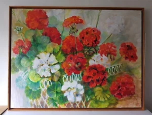 Pintura al óleo sobre lienzo grande contemporánea con flores florales contemporáneas firmada de Nancy Murgatroyd - Imagen 1 de 11