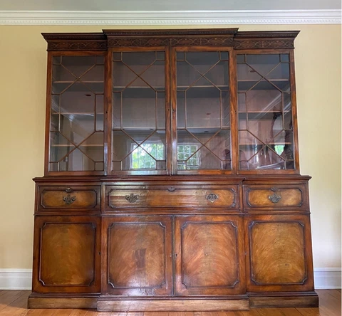 Antique English Chippendale Burl Mahogany Breakfront Cover