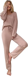 Women'S 2 Piece Waffle Knit Lounge Set Long Pants Pajamas - Picture 1 of 4