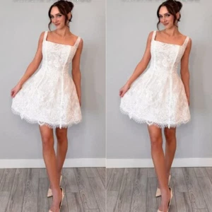 Short Beach Wedding Dresses White Sleeveless Lace Mini Iovry Boho Bridal Gowns - Picture 1 of 10