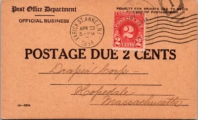UNITED STATES 1934 POSTAL OFFICIAL POSTAGE DUE 2 CENTS CARD ADDR MASS CANC NY - Image 1 of 2