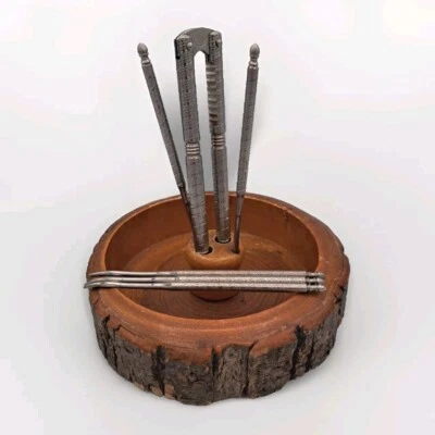 MCM Tree Bark Wooden Nut Bowl Nut Cracker (5) Picks Vintage Rustic  - Image 1 of 4