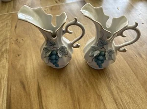 2 Vintage Porcelain Pitcher 3D Blue Grapes Gold Trim 5.5" Tall Japan - Picture 1 of 6
