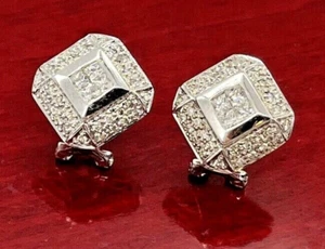 18k Solid White Gold Mens Square Princess Cut Diamond Earrings, Omega Backs - Picture 1 of 7