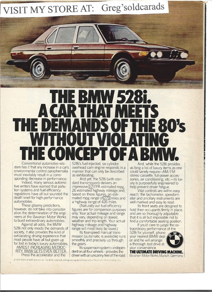 BMW 528i 1980 anuncio impreso vintage: "Un coche que satisface las demandas de los años 80..." Foto 1 de 1