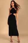 New Lulus Maxi Dress Small Black Lush For Life Cutout Halter Neck Bodycon Womens