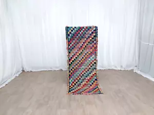 Moroccan Handmade Vintage Wool Rug Colorful Berber Checkered Runner Rug 2.4x5.6 - Picture 1 of 10