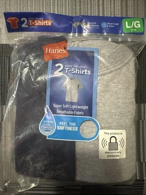 2 Pack Hanes Boys Size 14-16 Tagless T-Shirts Gray & Black - Image 1 of 3