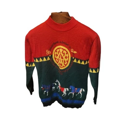 复古 Mondi W. 德国马术马红色绿色模拟领毛衣 尺寸 M — 第 1/4 张图片