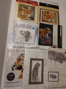 Lot Of 7 TIGER LEOPARD WOLF Dimensions+More Counted Cross Stitch Kits - Picture 1 of 15