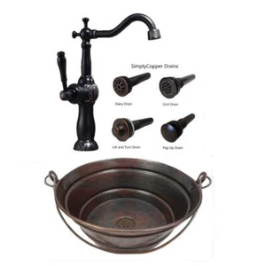 15" Round Copper BUCKET Vessel Bath Sink with 13" Clayborn ORB Faucet & DD Drain - Picture 1 of 5