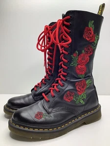 Dr. Doc MARTENS Vonda Embroidered Roses 14-Eye Black Leather Boots Women 6 *Read - Picture 1 of 16