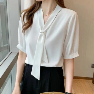 Women Shirts Blouses Short Sleeve Top Office Chiffon Blouse Tops Tie Shirt - Picture 1 of 5