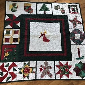 Handmade Quilted Wall Hanging Lap Quilt Christmas  Red 46”X45” Signed Reversible