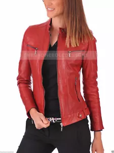 Women LambSkin Soft Real Leather Jacket Motorcycle Red Slim Fit Biker Jacket - Picture 1 of 4