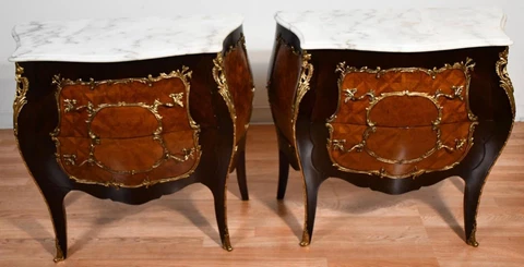 1910 Antique French Louis XV Walnut Satinwood & marble top pair of Nightstands Cover