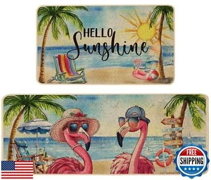 Baccessor Flamingo Summer Kitchen Rugs Set of 2, Flamingo Beach Coastal Hello - Picture 1 of 5