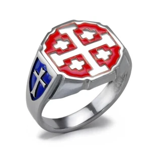 Sterling Silver Jerusalem Cross Personalized Color Enamel Octagon Signet Ring - Picture 1 of 27