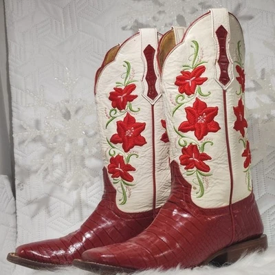 Botas ARIAT Mujer Western Cuero Caimán Rojo Blanco Flora Bordado Puntera Cuadrada 8B Foto 1 de 4
