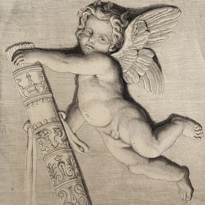 Antiguo Putto alado grabado con carcaj ornamentado Hércules Filoctetes cupido  Foto 1 de 4