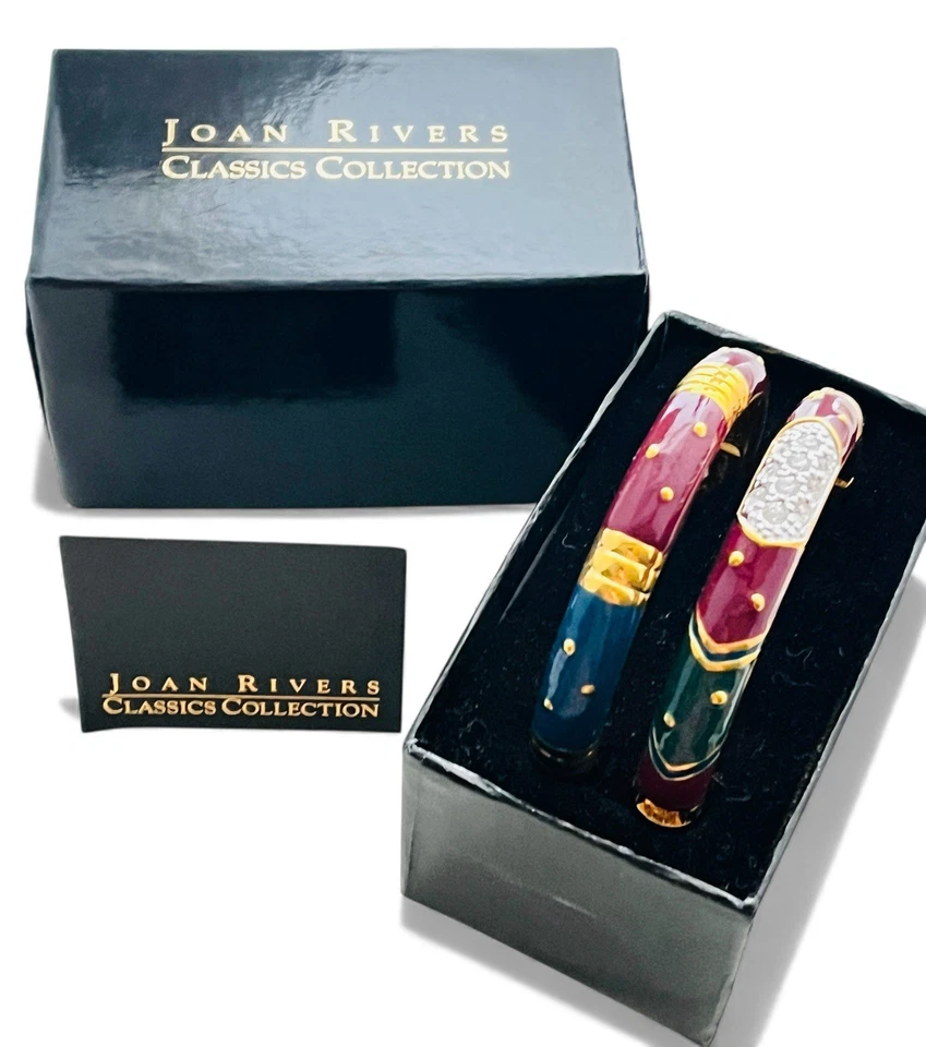 Conjunto de pulseira articulada vintage Joan Rivers strass esmalte - caixa bolsa cartão - Imagem 1 de 4