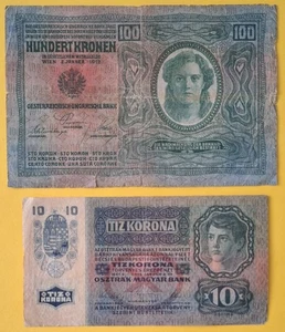 100 Kronen 1912 Austria 10 Kronen 1915 Zehn Kronen Hundert Kronen BANKNOTES - Picture 1 of 7