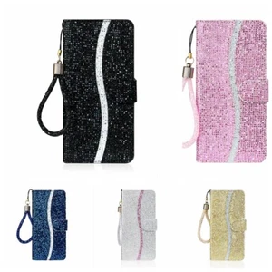 Newest  Bling Glitter Faux Leather Wallet Flip Cell Phone Cases Cover Hand Strap - Picture 1 of 15