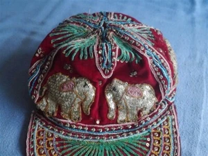 Genuine 1970's Vintage Sequin Cap Hat Embroidered Glass Beads Elephants - Picture 1 of 8