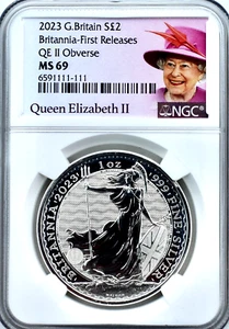 Moneda de 2 libras esterlinas de plata Britannia Queen Elizabeth NGC MS69 2023 1 oz - Imagen 1 de 2