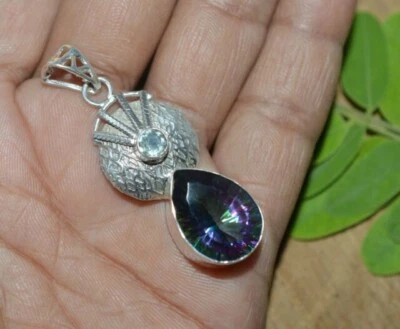 Antico Topazio Mistico & Blu Gemma 925 Argento Sterling Fatto a Mano Ciondolo - Immagine 1 di 4