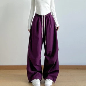 Women Casual Baggy Cargo Pants Hip Hop Elastic Waist Straight Leg Trousers - Picture 1 of 17