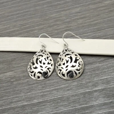 Solid 925 Sterling Silver Teardrop Filigree Dangle Earrings Gift For Women Girls - Image 1 of 4