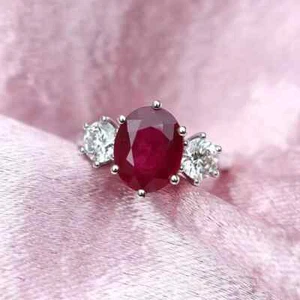 4.10 Ct Oval Cut Certified Natural Ruby & Diamond Wedding Ring 14K White Gold - Picture 1 of 7