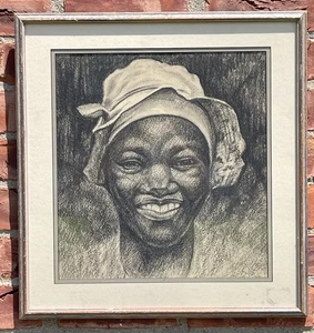 Um 1890 Amerikanische Schule Kohle Porträt einer Afroamerikanerin - Bild 1 von 9