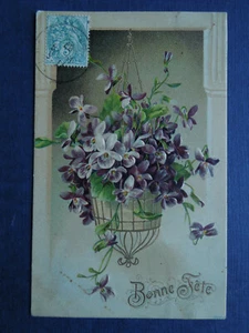 Carte Postale Ancienne Gaufrée    Violettes  Panier    Bonne Fête              - Imagen 1 de 2