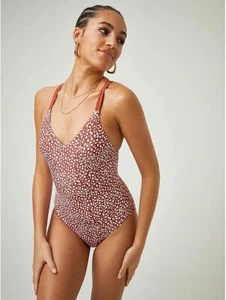 Badeanzug Einteiler braun creme gepunktet Punkte Print Übergrößen UK 24 26 28 30 NEU - Bild 1 von 4