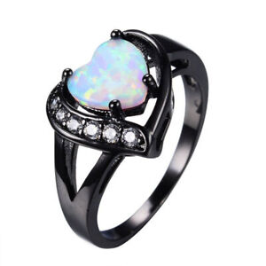Women's T Black Gold White Heart Shape Simulated Opal Ring Jewelry Size 7