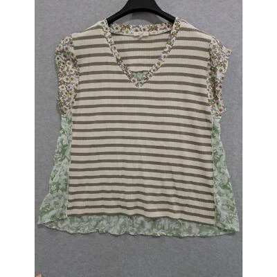 Easel Floral Top Women Large V-Neck Thermal Waffle Knit Flowy Striped Multicolor - Image 1 of 4