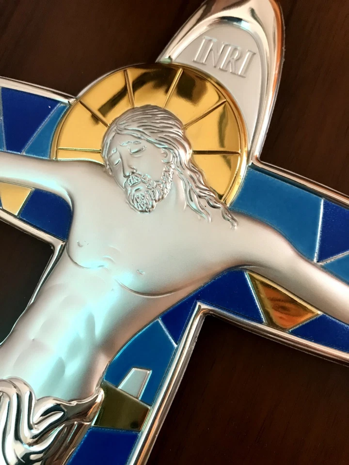 Crocifisso Argento Sterling 925 33X25Cm Da Parete (Azzurro E Oro) - Immagine 1 di 3