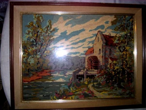 ROYAL PARIS TEXTILE NEEDLEPOINT ART TAPESTRY WOOD FRAME WATER MILL WHEEL COUNTRY - Picture 1 of 5