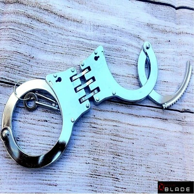 DEFENDER NEW Police Silver STEEL HINGED DOUBLE LOCK SECURITY HANDCUFFS W KEYS Heavy Duty