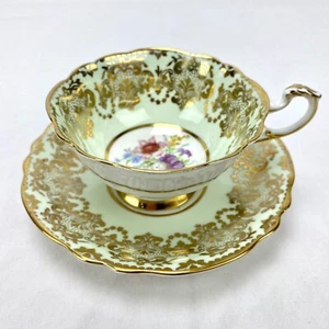 PARAGON Mint Green & Gold HM THE QUEEN & HM QUEEN MARY Tea Cup & Saucer Set - Picture 1 of 12