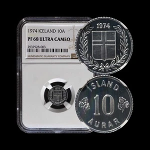 ICELAND. 1974, 10 Aurar - NGC PF68 - Top Pop 🥇 Floral Wreath and Shield RARE - Picture 1 of 5