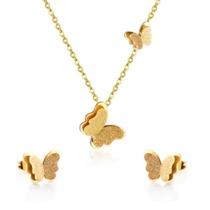18k Gold Plated Frosted Butterfly Charm Necklace Pendant Set with Earrings 3 pc - Picture 1 of 7