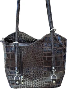 Cartera Borse Pelle Hecha en Italia Cuero Genuino Patrón de Cocodrilo Marrón Charol - Imagen 1 de 9
