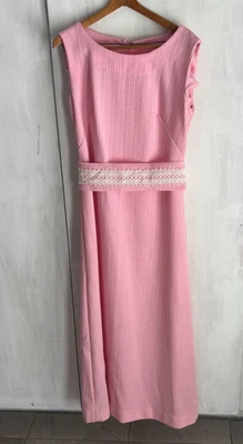 Vintage 60s 70s Pink Ribbed Mod Maxi Long Sheath Dress Crochet Lace Belt M/L - Image 1 of 4