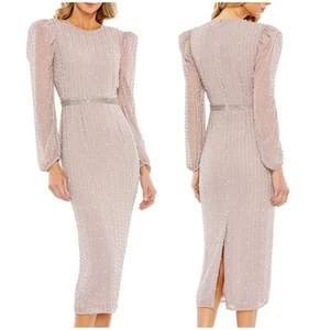 Mac Duggal NWT Jewel Neck Embellished Tea Midi Dress Long Sleeve Size 20 Violet - Picture 1 of 10