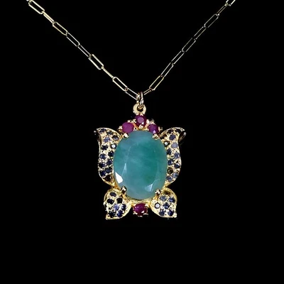 925 Sterling Silver Necklace Oval Emerald 15x11mm Ruby Sapphire Gemstone 17in - Image 1 of 4