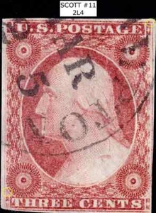 Scott #11 1851-1857 3c Washington, CDS cancellation. 4 Margins POS 2L4 - Picture 1 of 1